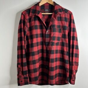 APC Rue Madame Paris Plaid Flannel Shirt S Red Black Wool Blend Country Outdoor